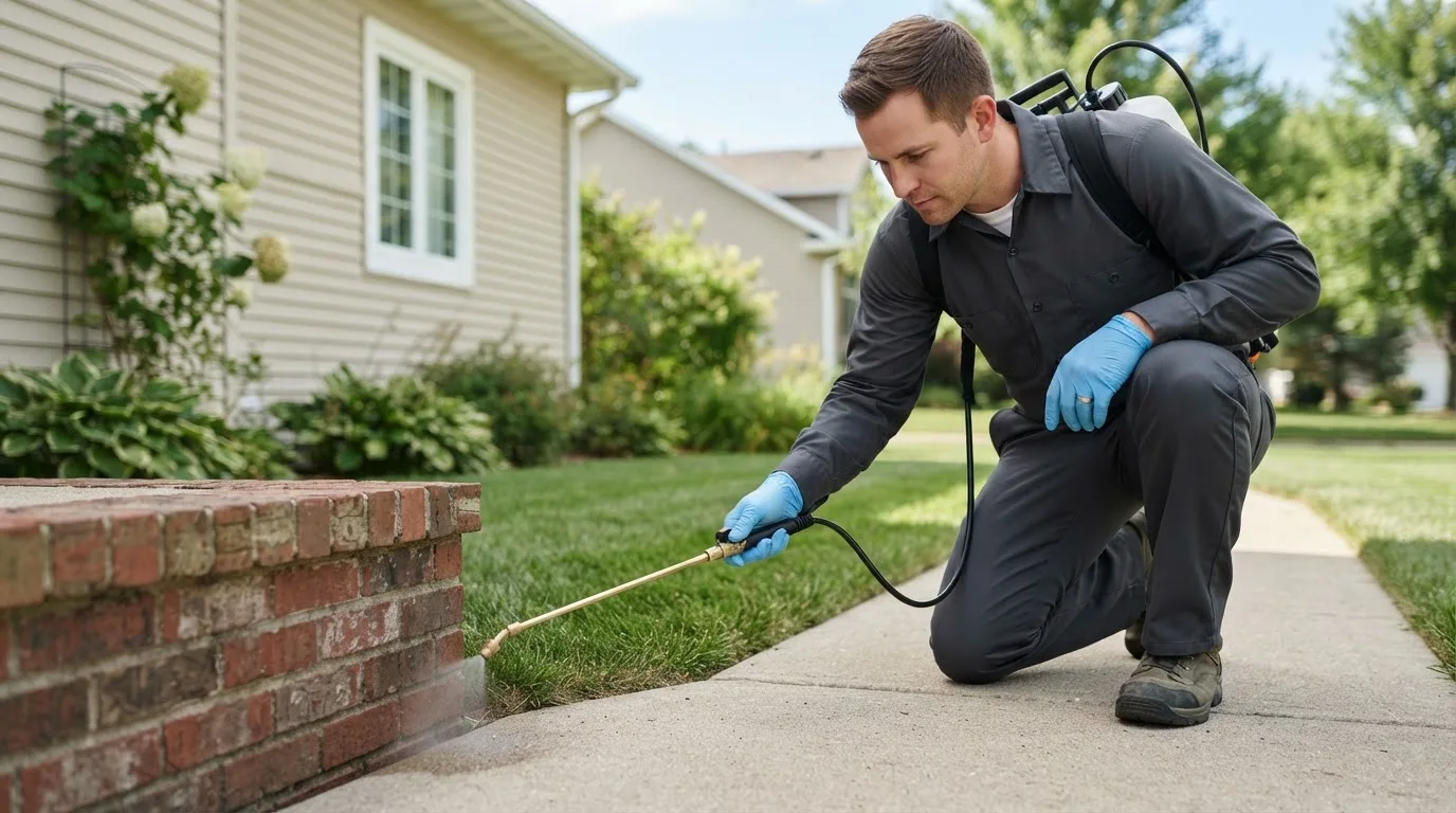 Pest control technician treating a home near Liscomb, IA