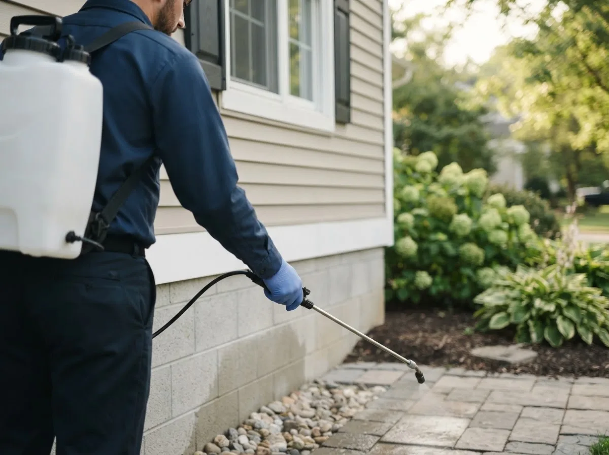 Pest control technician inspecting a home in Liscomb, IA
